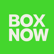 πράσινο λογότυπο με λευκά γράμματα που γράφουν box now