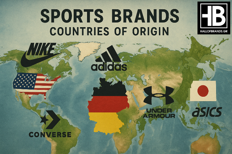 Χώρες προέλευσης αθλητικών brands και αθλητικών παπουτσιών, χάρτης και λογότυπα.