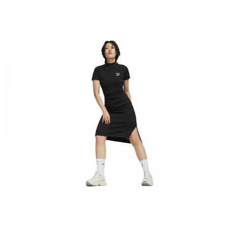 Puma Classics Ribbed Γυναικείο Κοντομάνικο Φόρεμα Midi Μαύρο