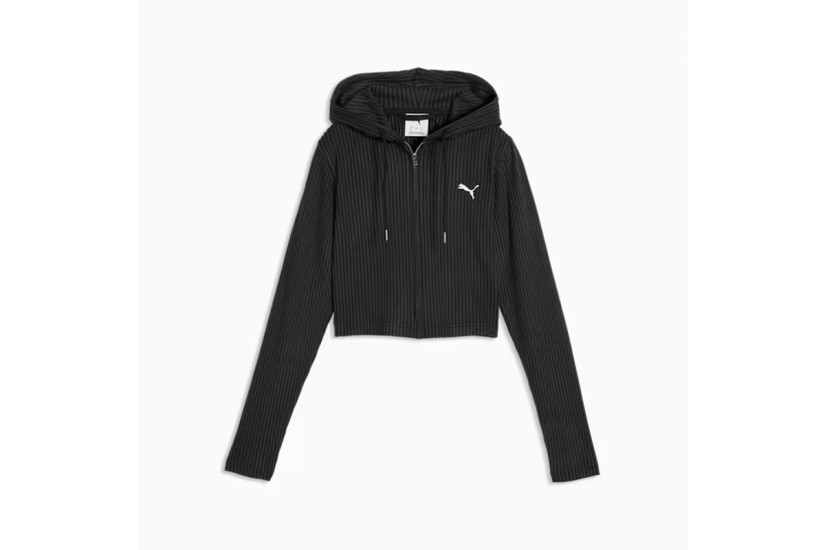 Puma Essentials Ribbed Γυναικεία Πολυεστερική Ζακέτα με Κουκούλα Μαύρη