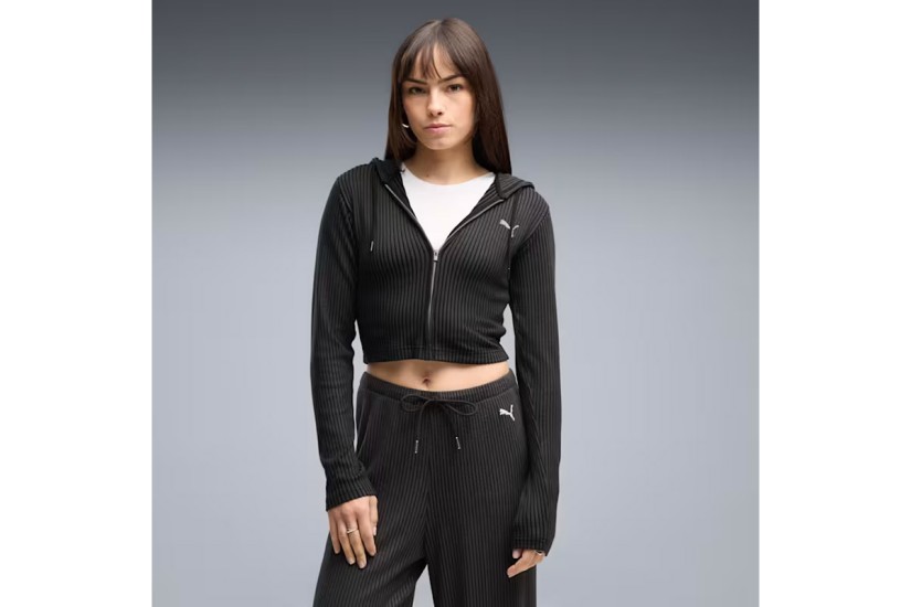 Puma Essentials Ribbed Γυναικεία Πολυεστερική Ζακέτα με Κουκούλα Μαύρη