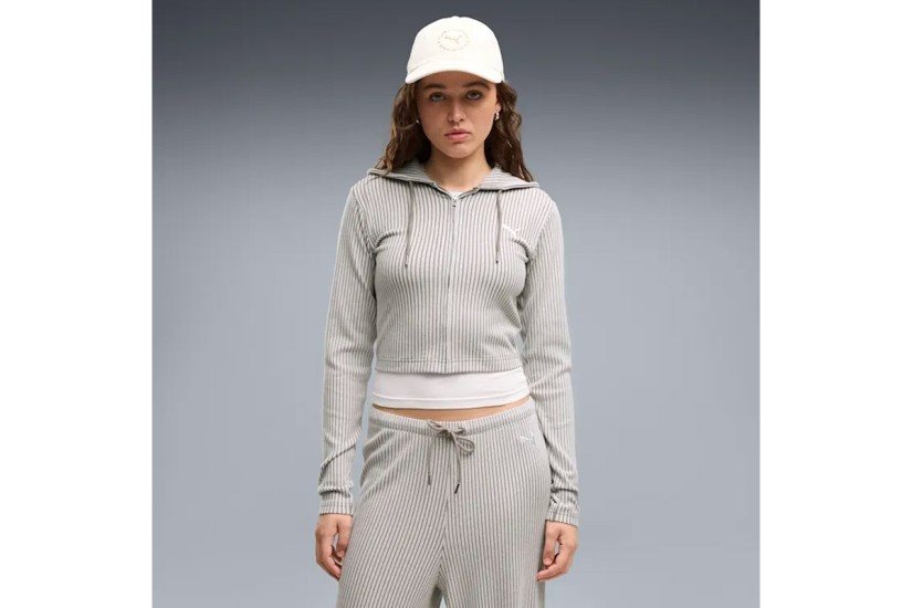 Puma Essentials Ribbed Γυναικεία Πολυεστερική Ζακέτα με Κουκούλα Γκρι
