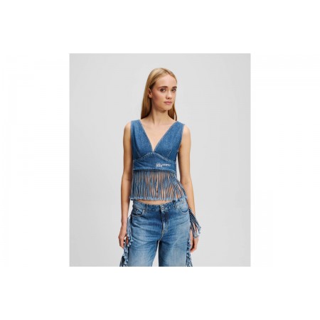Karl Lagerfeld Fringed Denim Crop Top Αμάνικο Γυναικείο 