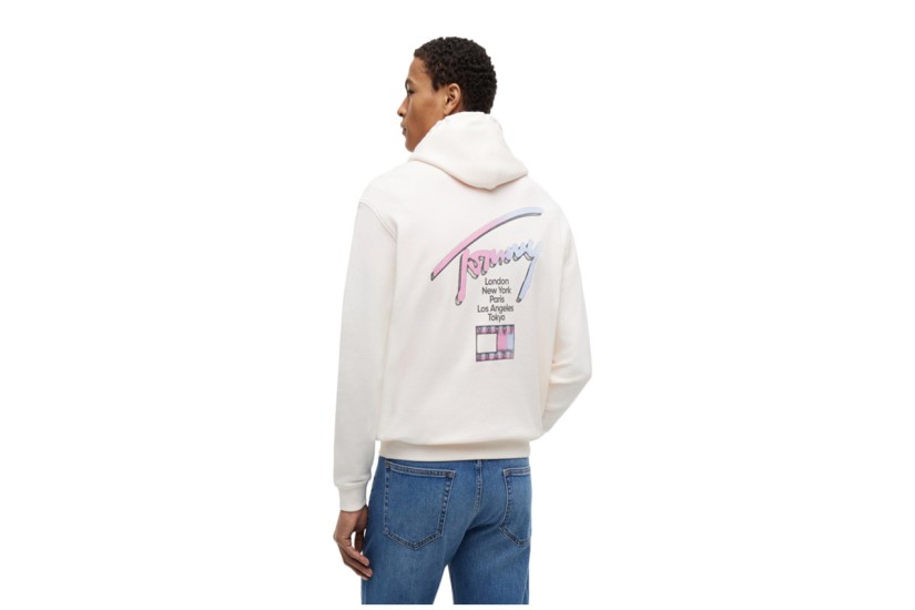 Tommy Jeans Signature Back Logo Relaxed Ανδρικό Φούτερ με Κουκούλα Εκρού