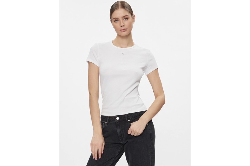 Tommy Jeans Slim Essential Rib Γυναικείο Κοντομάνικο T-Shirt Λευκό