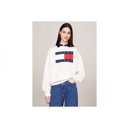 Tommy Jeans Flag Oversize Fit Γυναικεία Μακρυμάνικη Μπλούζα Εκρού