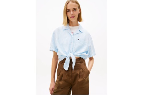 Tommy Jeans Linen Blend Tie Front Πουκάμισο Κοντομάνικο Γυναικείο (DW0DW22210 0A6)