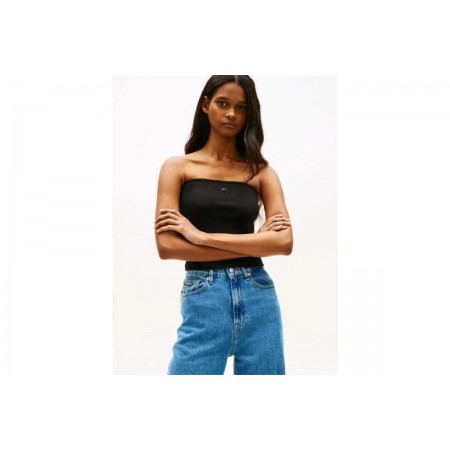 Tommy Jeans Slim Bandeau Rib Γυναικείο Αμάνικο Top Μαύρο