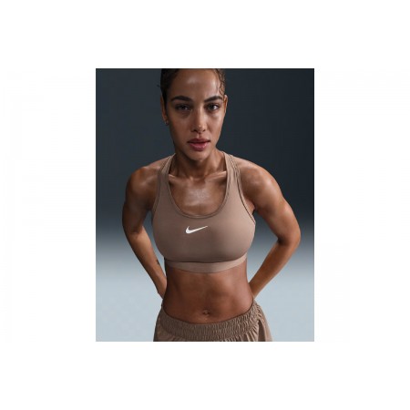 Nike Swoosh Medium Support Γυναικείο Μπουστάκι Καφέ