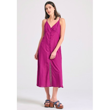Funky Buddha Linen Blend Γυναικείο Αμάνικο Φόρεμα Midi Ματζέντα