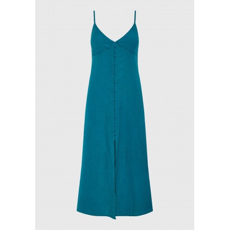 Funky Buddha Linen Blend Γυναικείο Αμάνικο Φόρεμα Midi Πετρόλ