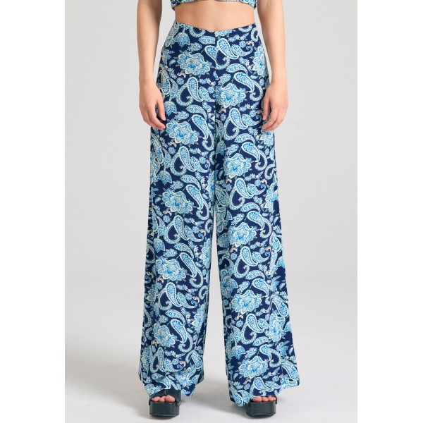 Funky Buddha Εμπριμέ Wide Leg Παντελόνα Γυναικεία (FBL011-109-02-MIDNIGHT-BLUE)