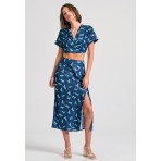 Funky Buddha Γυναικεία Κοντομάνικη Crop Top Μπλούζα Μπλε, Βεραμάν