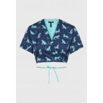 Funky Buddha Γυναικεία Κοντομάνικη Crop Top Μπλούζα Μπλε, Βεραμάν