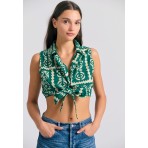 Funky Buddha Ethnic Look Γυναικείο Αμάνικο Crop Top Πράσινο, Εκρού