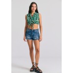 Funky Buddha Ethnic Look Γυναικείο Αμάνικο Crop Top Πράσινο, Εκρού