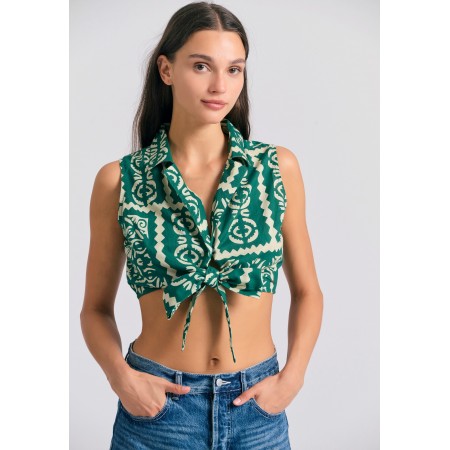 Funky Buddha Ethnic Look Γυναικείο Αμάνικο Crop Top Πράσινο, Εκρού