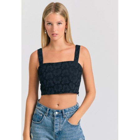 Funky Buddha Embroidery Γυναικείo Αμάνικο Crop Top Μαύρο