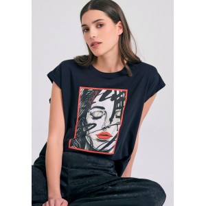 Funky Buddha Face Photographic Μπλούζα Αμάνικη Γυναικεία (FBL011-129-04-BLACK)