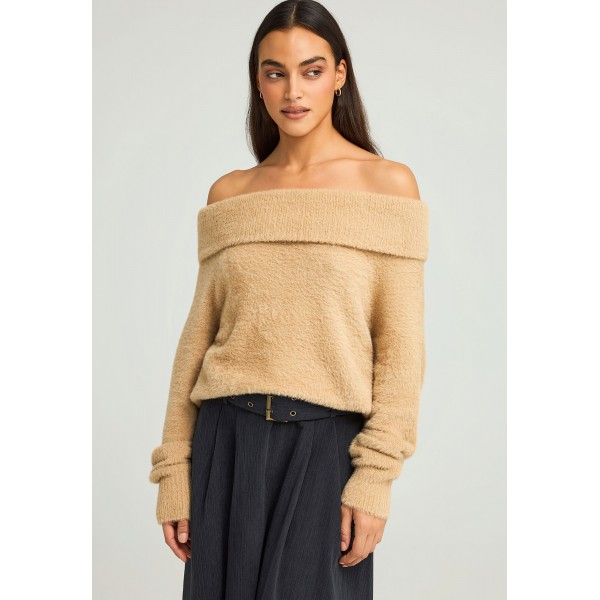 Funky Buddha Off Shoulder Teddy Πουλόβερ Γυναικείο (FBL012-120-09-LATTE)