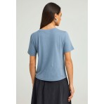 Funky Buddha Γυναικεία Μπλούζα Με Κοντό Μανίκι Και Τύπωμα (FBL012-124-04-STONE-BLUE)