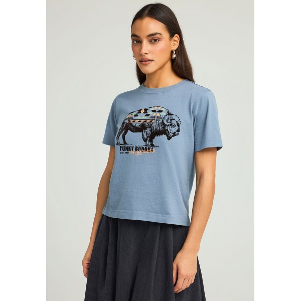 Funky Buddha Western Graphic Print T-Shirt Γυναικείο (FBL012-124-04-STONE-BLUE)