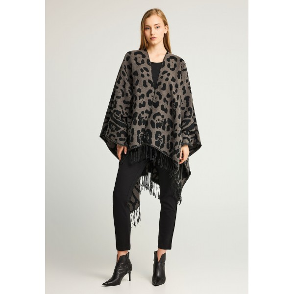 Funky Buddha Animal Print Pattern And Fringes Πόντσο Γυναικείο (FBL012-126-10-DK-GREY)