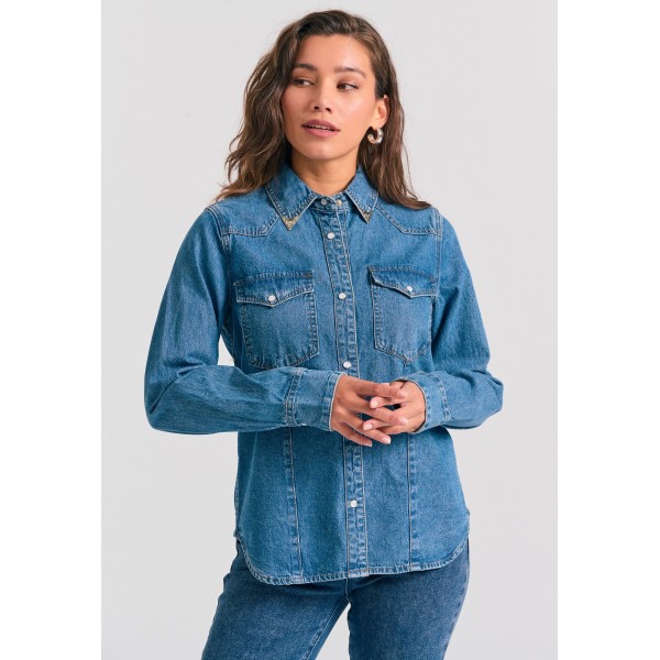 Funky Buddha Denim Πουκάμισο Μακρυμάνικο Γυναικείο (FBL012-163-05-MD-BLUE)