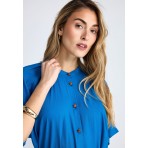 Funky Buddha Γυναικείο Κοντομάνικο Φόρεμα Midi με Ζώνη Μπλε