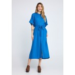 Funky Buddha Γυναικείο Κοντομάνικο Φόρεμα Midi με Ζώνη Μπλε