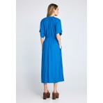 Funky Buddha Γυναικείο Κοντομάνικο Φόρεμα Midi με Ζώνη Μπλε