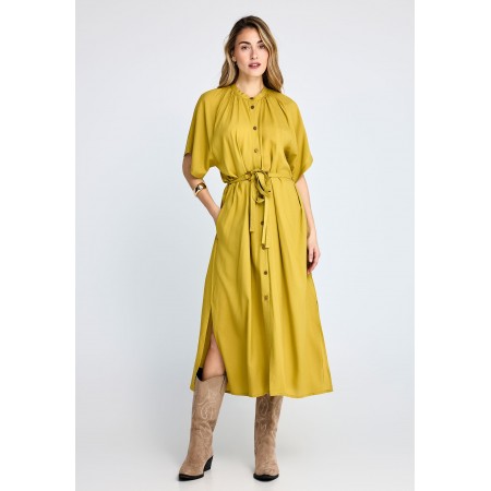 Funky Buddha Γυναικείο Κοντομάνικο Φόρεμα Midi με Ζώνη Κίτρινο