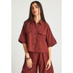Funky Buddha Γυναικείο Κοντομάνικο Πουκάμισο Καφέ