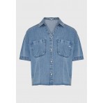 Funky Buddha Γυναικεία Κοντομάνικο Πουκάμισο Τζιν Μπλε