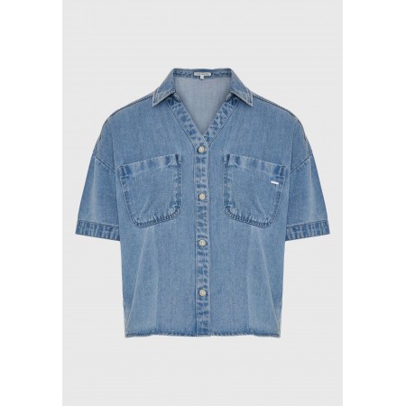 Funky Buddha Γυναικεία Κοντομάνικο Πουκάμισο Τζιν Μπλε