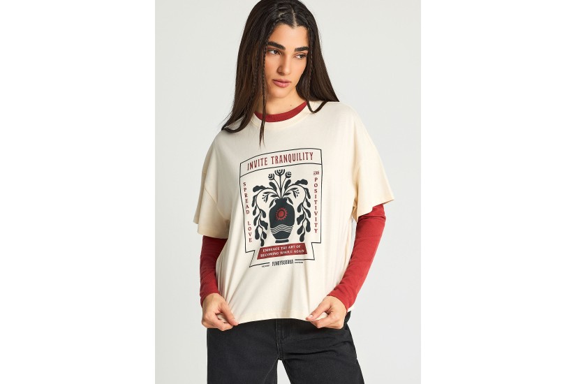 Funky Buddha Graphic Print Γυναικείο Κοντομάνικο T-Shirt Μπεζ, Διάφορα Χρώματα