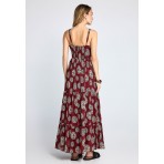 Funky Buddha Printed Cotton Γυναικείο Φόρεμα Maxi Μπορντό, Εκρού, Μαύρο