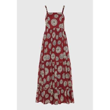 Funky Buddha Printed Cotton Γυναικείο Φόρεμα Maxi Μπορντό, Εκρού, Μαύρο