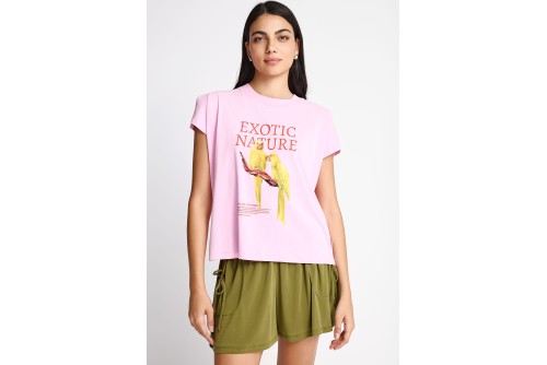Funky Buddha Printed Cotton Loose T-Shirt Γυναικείο (FBL013-135-04-CANDY-PINK)