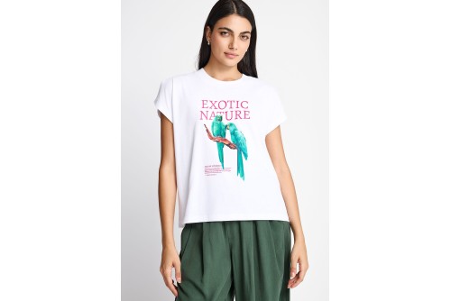 Funky Buddha Printed Cotton Loose T-Shirt Γυναικείο (FBL013-135-04-WHITE)