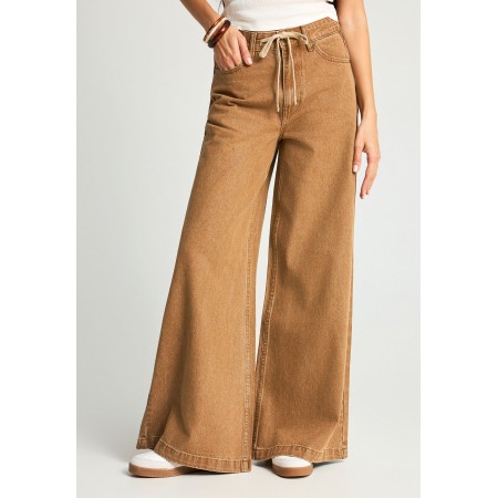 Funky Buddha Wide Leg Γυναικείο Παντελόνι Τζιν Καφέ