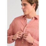 Funky Buddha The Essentials Ανδρικό Μακρυμάνικο Λινό Πουκάμισο Σομόν