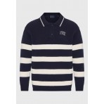Funky Buddha Ανδρική Μακρυμάνικη Πλεκτή Μπλούζα Polo Μπλε Σκούρο, Λευκή