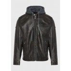 Funky Buddha Ανδρικό Biker Μπουφάν Δερματίνη με Κουκούλα Καφέ