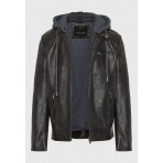 Funky Buddha Ανδρικό Biker Μπουφάν Δερματίνη με Κουκούλα Καφέ