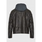 Funky Buddha Ανδρικό Biker Μπουφάν Δερματίνη με Κουκούλα Καφέ