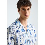 Funky Buddha Ανδρικό Κοντομάνικο Πουκάμισο Εκρού, Μπλε