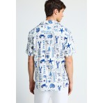 Funky Buddha Ανδρικό Κοντομάνικο Πουκάμισο Εκρού, Μπλε