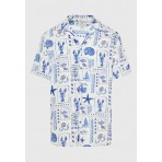 Funky Buddha Ανδρικό Κοντομάνικο Πουκάμισο Εκρού, Μπλε