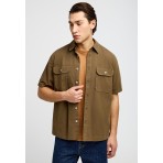 Funky Buddha Print On The Back Ανδρικό Κοντομάνικο Πουκάμισο Λαδί